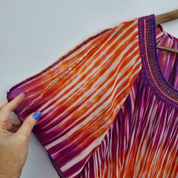 Catherines Womens 2X Sheer Blouse Multicolor Striped Pleated Slit Sleeve Boho - Picture 6 of 13